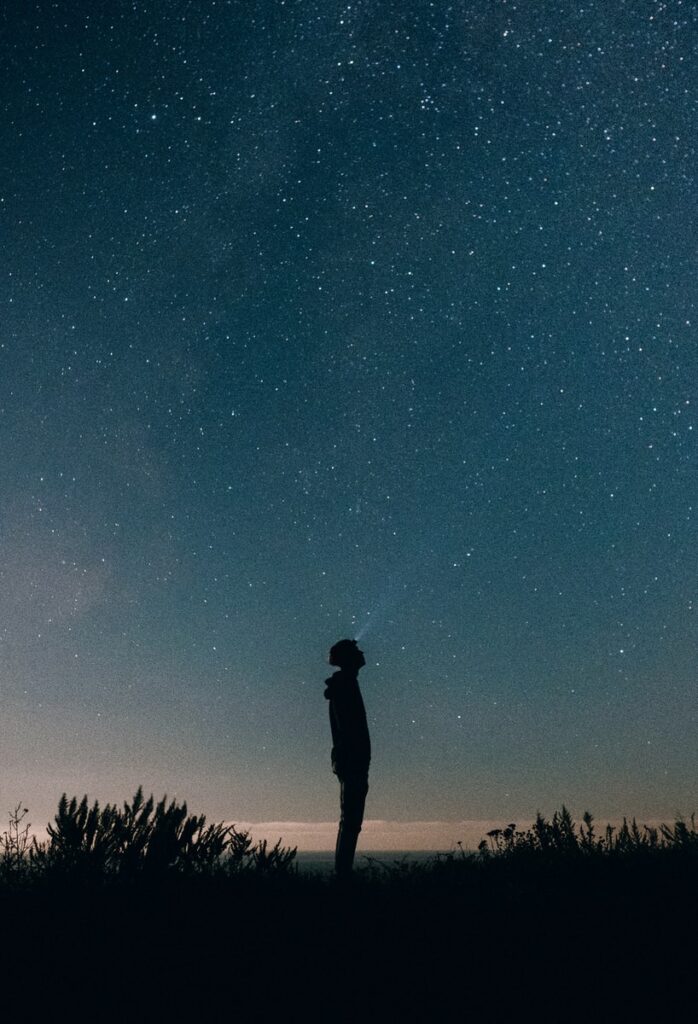 silhouette of person between grass under black sky: Water and the Big Bang!
