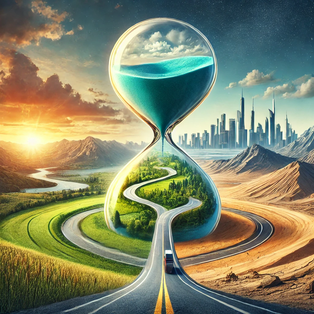 A visual representation of "the long-term" concept, featuring a winding road through changing landscapes and an hourglass symbolizing the passage of time.